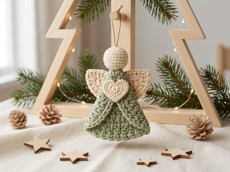 May include: A crocheted angel ornament featuring a round cream-colored head, sage green dress, and cream-colored wings. A small cream heart is centered on the chest. The ornament hangs from a thin string and is crafted with textured yarn.