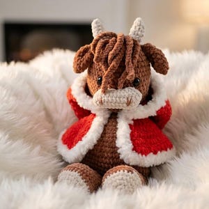 Pode incluir: Uma peluche de vaca highland em croch&eacute; castanha com franja desgrenhada, pequenos chifres cor de creme e olhos de bot&atilde;o pretos. A vaca usa uma capa vermelha brilhante com capuz e um rebordo branco espesso e felpudo nas extremidades.