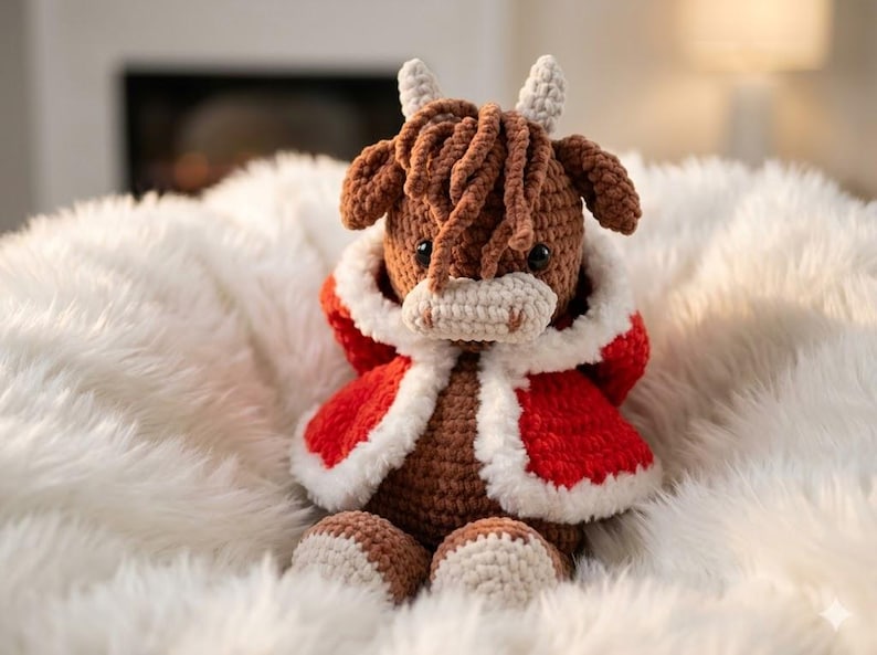 Pode incluir: Uma peluche de vaca highland em croch&eacute; castanha com franja desgrenhada, pequenos chifres cor de creme e olhos de bot&atilde;o pretos. A vaca usa uma capa vermelha brilhante com capuz e um rebordo branco espesso e felpudo nas extremidades.