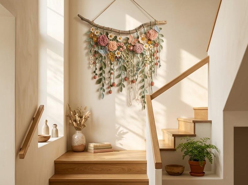 May include: A wall hanging featuring a horizontal wooden branch adorned with crocheted flowers in shades of pink, yellow, and white, interspersed with green crocheted leaves, vines, and small blue butterflies, suspended by a simple twine cord.