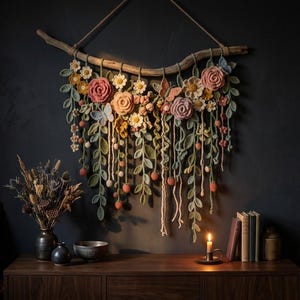 May include: A wall hanging featuring crocheted flowers, leaves, and butterflies in shades of pink, orange, yellow, and green, suspended from a natural wooden branch. The floral arrangement includes roses, daisies, and trailing vines with small berries.