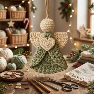 May include: A crocheted angel ornament featuring a sage green dress, cream-colored wings, and a central cream heart. The figure has a round, textured head and is suspended by a jute twine loop, showcasing detailed yarn work and a soft color palette.