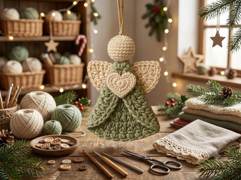 May include: A crocheted angel ornament featuring a sage green dress, cream-colored wings, and a central cream heart. The figure has a round, textured head and is suspended by a jute twine loop, showcasing detailed yarn work and a soft color palette.