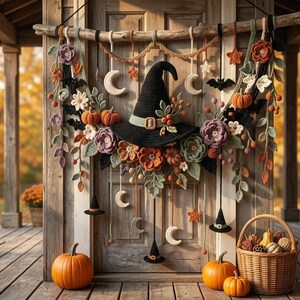 May include: A decorative wall hanging featuring a central black crocheted witch hat surrounded by crocheted flowers, leaves, pumpkins, stars, and crescent moons. The arrangement is suspended from a wooden branch with hanging ornaments.