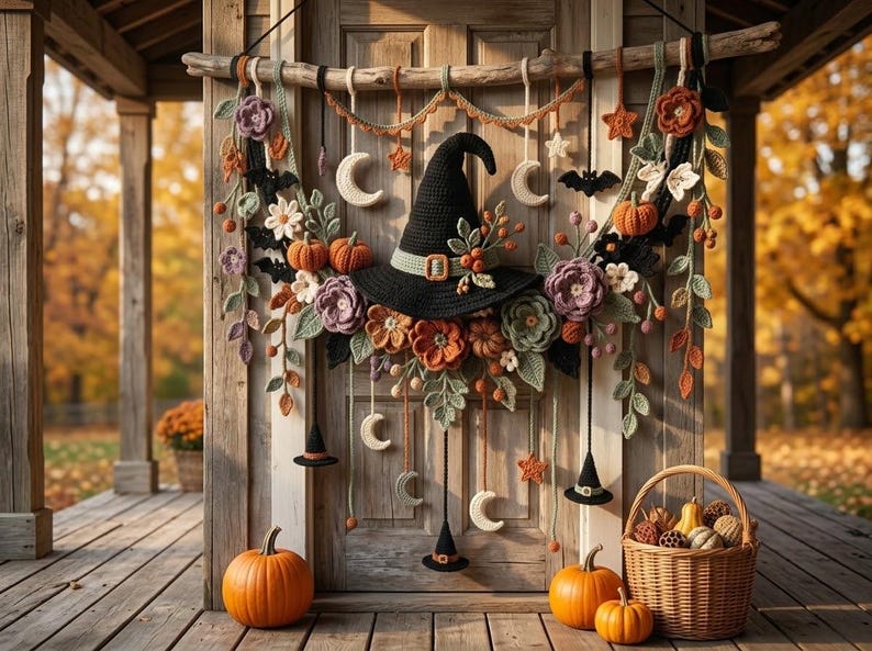 May include: A decorative wall hanging featuring a central black crocheted witch hat surrounded by crocheted flowers, leaves, pumpkins, stars, and crescent moons. The arrangement is suspended from a wooden branch with hanging ornaments.