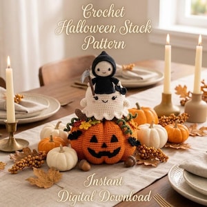 May include: A crochet Halloween stack pattern featuring a large orange jack-o'-lantern base topped with a white ghost figure wearing a black hood and holding a small scythe. The text Crochet Halloween Stack Pattern Instant Digital Download is visible.