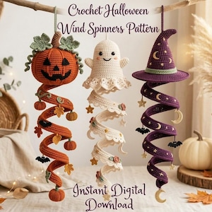 May include: Three crochet Halloween wind spinners hanging from a branch. The left is an orange pumpkin with leaves, the centre is a cream ghost, and the right is a purple witch hat with stars and moons. Text reads: Crochet Halloween Wind Spinners Pattern.