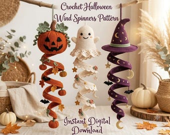 Halloween Crochet Wind Spinner Pattern PDF, Ghost Pumpkin Spiral Decoration, Witch Hat Crochet Ornament, Spooky Fall Decor Digital Download