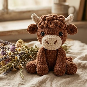 Pode incluir: Um brinquedo de pel&uacute;cia de vaca highland em croch&ecirc; castanho com focinho e chifres cor de creme. O bicho de pel&uacute;cia apresenta um acabamento de fio texturizado e felpudo, olhos redondos escuros e uma mecha de cabelo encaracolado na cabe&ccedil;a.