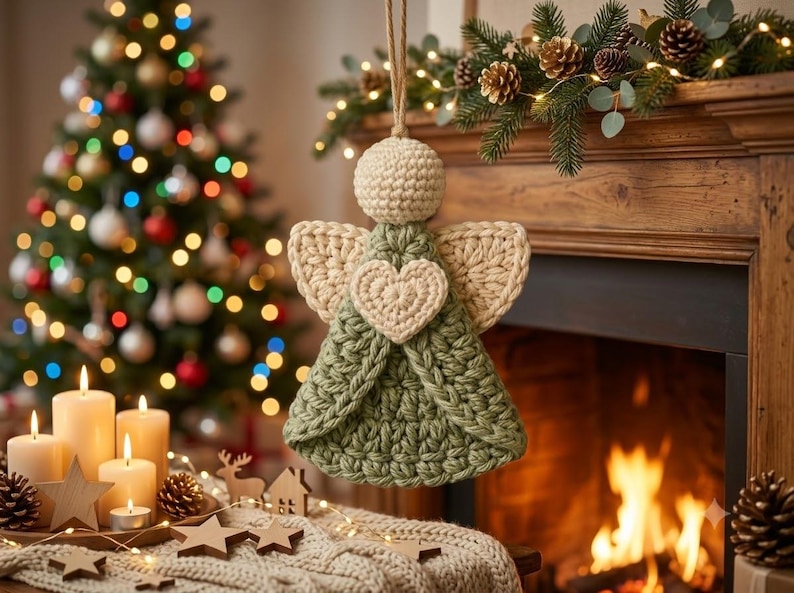 May include: A crocheted angel ornament featuring a round cream-colored head, cream-colored wings, and a sage green dress with a cream-colored heart centered on the chest. The ornament hangs from a thin jute twine loop for display purposes.