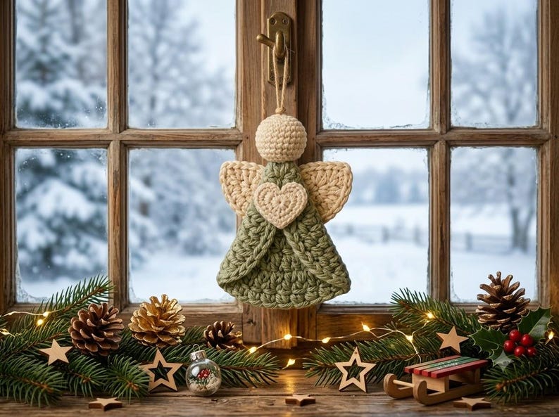May include: A crocheted angel ornament featuring a sage green dress, cream-colored wings, and a matching cream-colored heart centered on the chest. The figure has a round cream-colored head and is suspended by a simple twine loop for hanging.