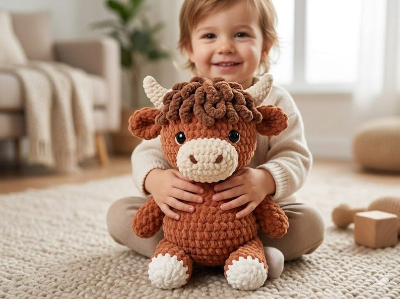 Pode incluir: Um peluche de croch&eacute; em tons de castanho e creme com a forma de uma vaca highland. O brinquedo apresenta um corpo de fio castanho texturado e encaracolado, chifres cor de creme, um focinho cor de creme e dois olhos de pl&aacute;stico preto.