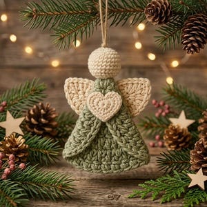 May include: A crocheted angel ornament featuring a sage green dress, a cream-colored head, and cream-colored wings. A small, cream-colored crocheted heart is centered on the chest of the angel. The ornament hangs from a simple twine loop.