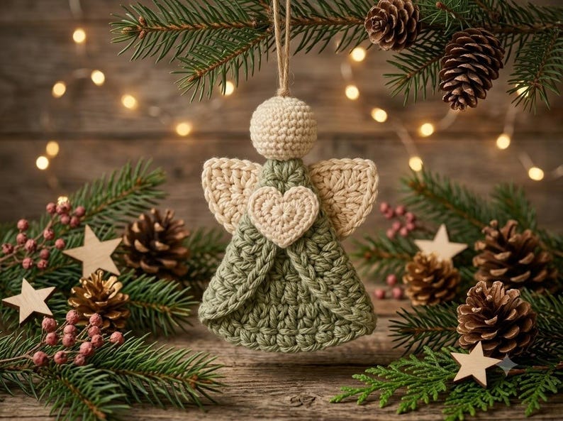 May include: A crocheted angel ornament featuring a sage green dress, a cream-colored head, and cream-colored wings. A small, cream-colored crocheted heart is centered on the chest of the angel. The ornament hangs from a simple twine loop.