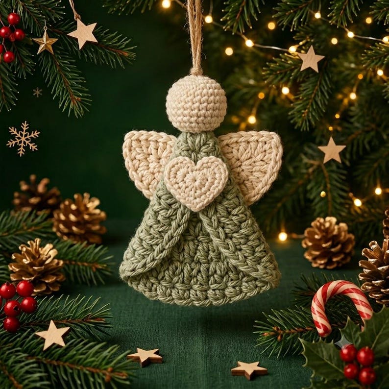 May include: A handmade crochet angel ornament featuring a round cream-colored head, cream-colored wings, and a sage green dress with a central cream-colored heart appliqu&eacute;. The ornament hangs from a simple jute twine loop for display purposes.