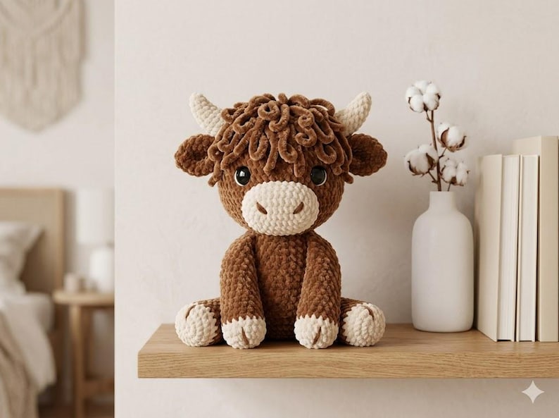 Pode incluir: Um peluche de vaca highland feito de fio castanho escuro e creme. O brinquedo apresenta uma textura felpuda e encaracolada, dois chifres de cor clara, olhos pretos grandes e um focinho creme arredondado, sentado numa posi&ccedil;&atilde;o sentada numa prateleira.