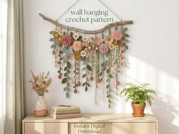 Flower Wall Hanging Crochet Pattern, Crochet Wall Pattern PDF, Boho Crochet Decor, Floral Garland PDF, Botanical Crochet, Garden Wall Art