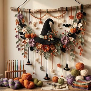 May include: A wall hanging featuring a central black crocheted witch hat surrounded by crocheted flowers, pumpkins, moons, stars, and bats suspended from a wooden branch. Below are colorful yarn balls, a wooden crochet hook set, and scissors.