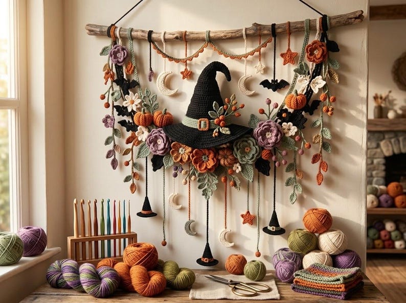 May include: A wall hanging featuring a central black crocheted witch hat surrounded by crocheted flowers, pumpkins, moons, stars, and bats suspended from a wooden branch. Below are colorful yarn balls, a wooden crochet hook set, and scissors.
