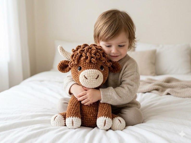 Pode incluir: Um brinquedo de pel&uacute;cia de vaca highland castanha com um corpo de fio texturizado e encaracolado, um focinho cor de creme e pequenos chifres cor de creme. O bicho de pel&uacute;cia apresenta olhos escuros e redondos e detalhes creme nas pontas das quatro patas.