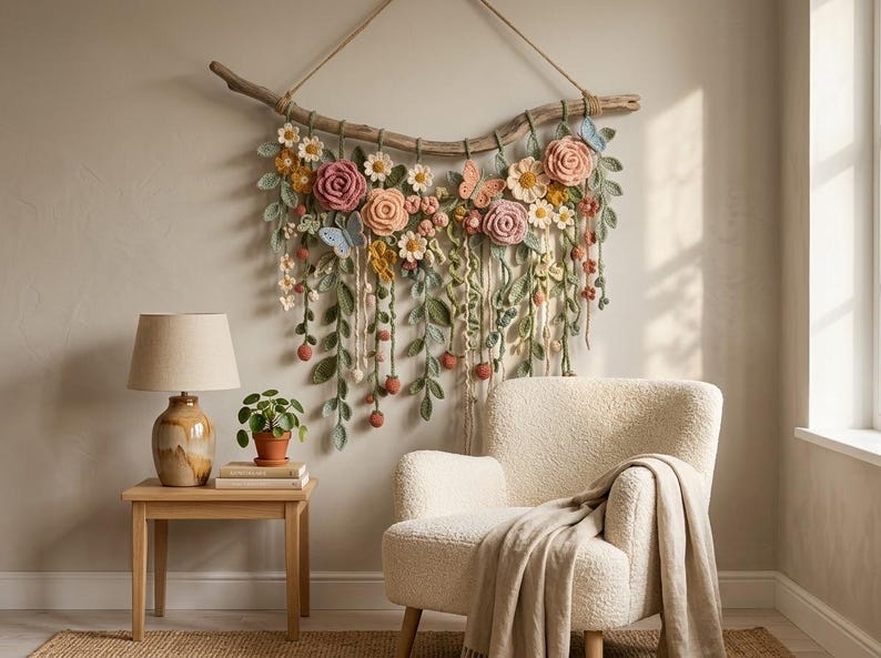 May include: A wall hanging featuring crocheted flowers, leaves, and butterflies in shades of pink, yellow, and green, suspended from a natural wooden branch with a rope. The floral arrangement includes roses, daisies, and trailing vines.
