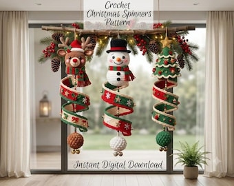 Christmas Crochet Pattern PDF, Snowman Reindeer Tree Spiral Ornament, Spinning Holiday Decor, Amigurumi Crochet, Winter Christmas DIY