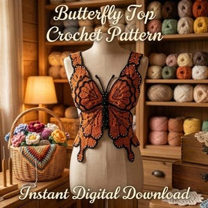 May include: A crochet top shaped like a large orange and black butterfly on a mannequin. The text reads Butterfly Top Crochet Pattern and Instant Digital Download. The top features intricate wing patterns with black borders and small white accents.