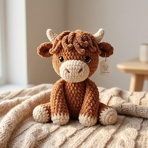 Pode incluir: Um peluche de vaca highland em croch&eacute; nas cores castanho e creme com um acabamento de fio texturizado, olhos escuros e dois pequenos chifres. Uma pequena etiqueta retangular com o texto "Handmade" est&aacute; presa ao lado da cabe&ccedil;a da vaca.