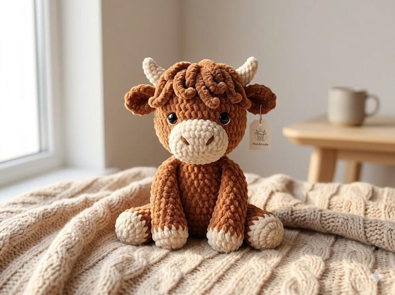 Pode incluir: Um peluche de vaca highland em croch&eacute; nas cores castanho e creme com um acabamento de fio texturizado, olhos escuros e dois pequenos chifres. Uma pequena etiqueta retangular com o texto "Handmade" est&aacute; presa ao lado da cabe&ccedil;a da vaca.