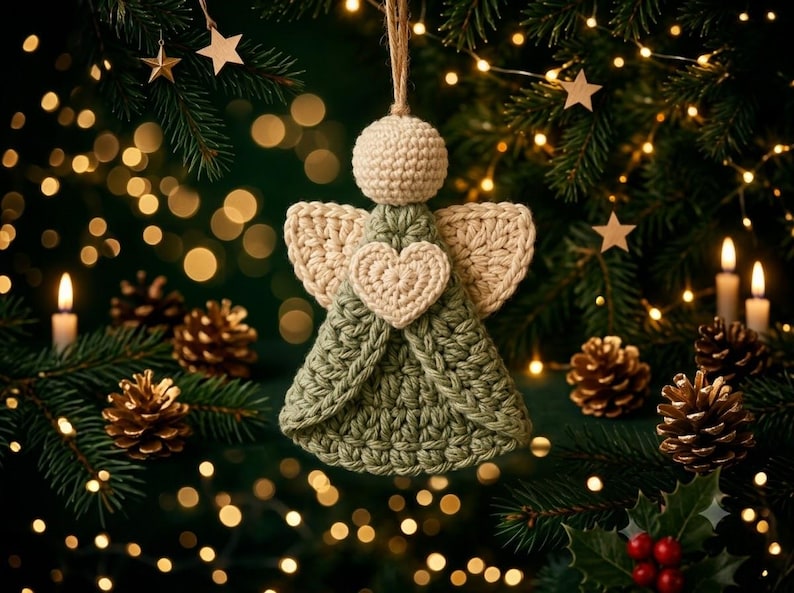 May include: A crocheted angel ornament featuring a round cream-colored head, cream-colored wings, and a sage green dress. A small cream-colored heart is centered on the chest of the angel. The ornament hangs from a thin, light brown twine loop.