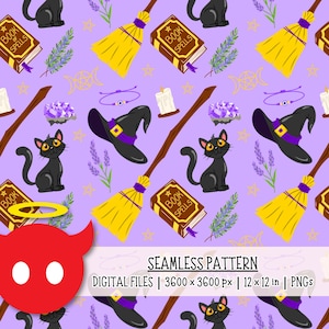 Peut inclure: Un motif répétitif sur fond violet clair illustrant des chats noirs, des balais jaunes, des livres marron intitulés Book of Spells, des chapeaux de sorcière, des cristaux violets, des bougies, des brins de lavande et des étoiles dorées.