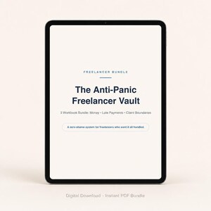 May include: A tablet screen displaying the text Freelancer Bundle, The Anti-Panic Freelancer Vault, 3 Workbook Bundle: Money, Late Payments, Client Boundaries, and A zero-shame system for freelancers who want it all handled. Digital Download, Instant PDF Bundle.