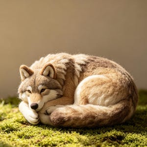 May include: A needle-felted wolf figurine in a curled sleeping position. The wolf features a textured coat of tan, brown, and cream-colored wool fibers, with pointed ears, a dark nose, and amber-colored eyes visible as it rests its head on its paws.