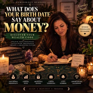 May include: A numerology reading advertisement featuring the text WHAT DOES YOUR BIRTH DATE SAY ABOUT MONEY? DISCOVER YOUR WEALTH CODE. The image includes a stack of books, a candle, coins, crystals, and a person writing in a notebook.