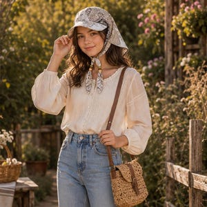 May include: A cream-colored long-sleeve blouse with a button-down front, light blue high-waisted wide-leg denim jeans, a brown leather crossbody bag, a woven straw shoulder bag, and a paisley print headscarf tied under the chin with brown boots.