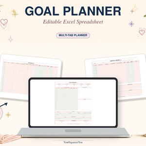 Op de afbeelding: Een digitale doelplanner weergegeven op een laptopscherm en twee tabletschermen. De interface is een bewerkbaar Excel-spreadsheet met roze en groene rastersecties. De tekst GOAL PLANNER, Editable Excel Spreadsheet en MULTI-TAB PLANNER is zichtbaar.