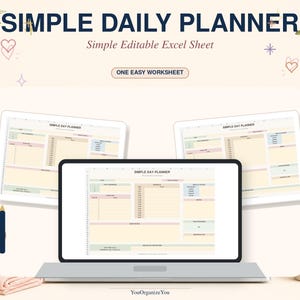 Op de afbeelding: Een digitale Simple Daily Planner weergegeven op een laptopscherm en twee tabletschermen. Het spreadsheet heeft een kleurenschema van lichtgeel, groen en roze met secties voor dagelijkse taken, planningen en notities. Tekst bevat Simple Daily Planner.