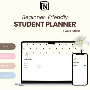 May include: A digital student planner template for Notion displayed on a laptop and smartphone screen. The interface features a white background with brown polka dots, a lily flower graphic, and text including Beginner-Friendly STUDENT PLANNER.
