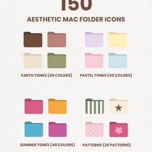 May include: A digital collection of 150 aesthetic Mac folder icons labeled The GlowPlan company. The set includes earth tones, pastel tones, summer tones, and various patterns such as stripes, stars, polka dots, and flowers in multiple colors.
