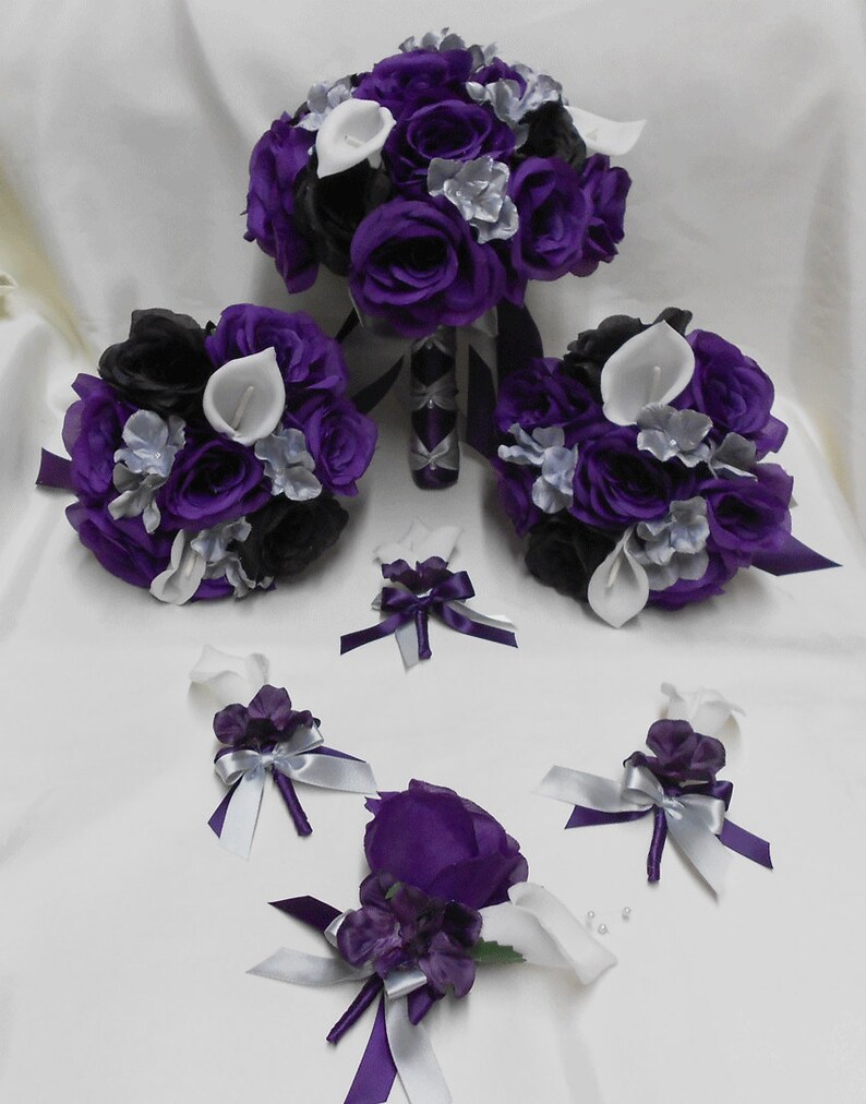 Wedding Silk Flower Bridal Bouquets Package Calla Lily Black Etsy Canada