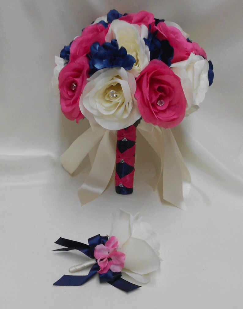 Wedding Silk Flower Bouquet 18 Pieces Package Ivory Hot Pink Etsy
