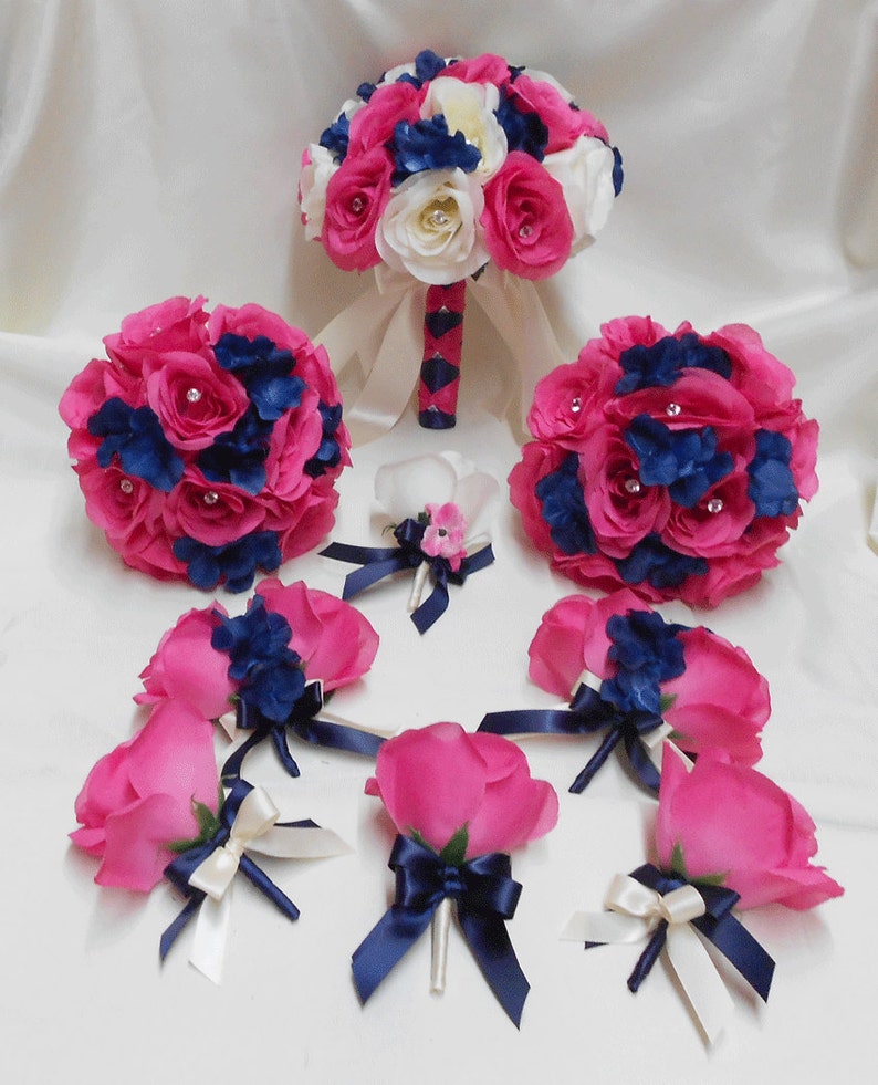 Wedding Silk Flower Bouquet 18 Pieces Package Ivory Hot Pink Etsy