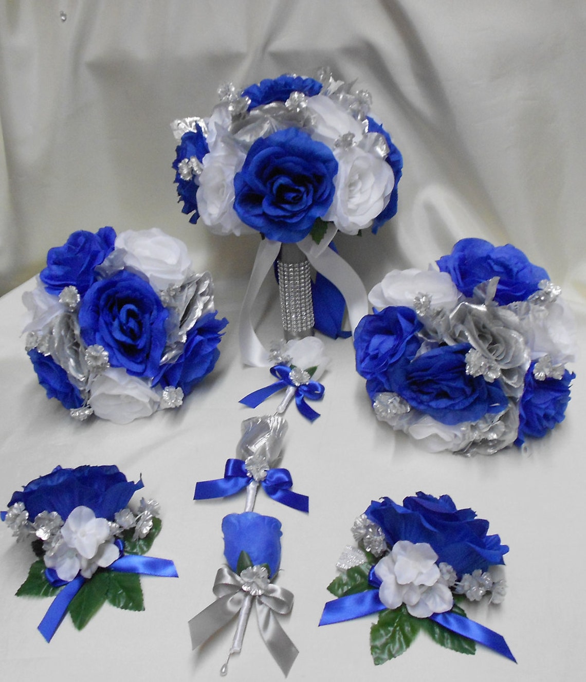 Wedding Silk Flower Bridal Bouquet Package Royal Blue White image 1