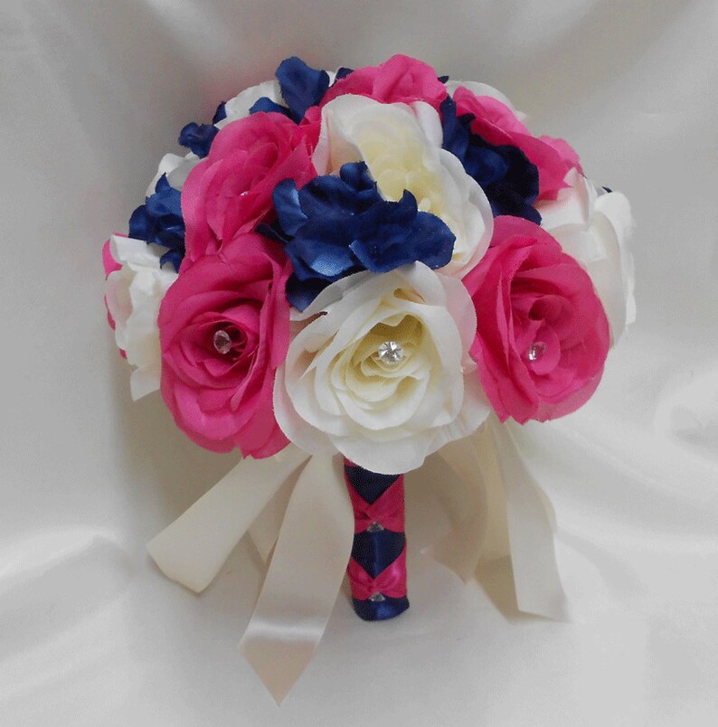 Wedding Silk Flower Bouquet 18 Pieces Package Ivory Hot Pink Etsy