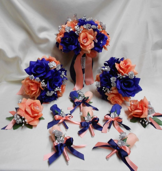 Wedding Silk Flower Bridal Bouquet Package Navy Blue Coral Etsy