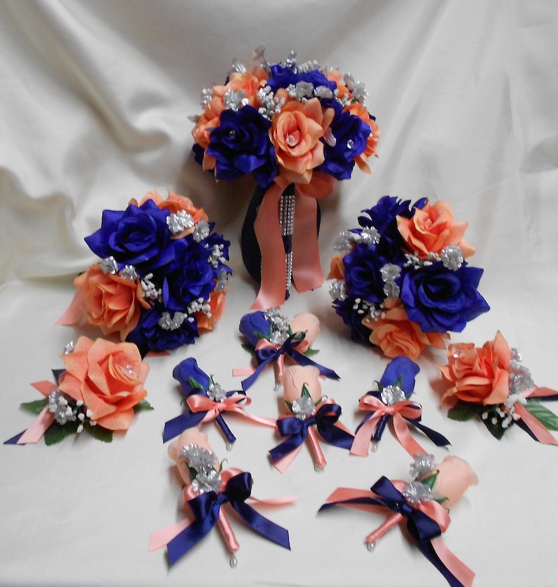 Wedding Silk Flower Bridal Bouquet Package Navy Blue Coral Peach Silver Bride Bridesmaids Toss Bouquets Boutonnieres Corsages Free Shipping Weddings Bouquets Corsages Valresa Com