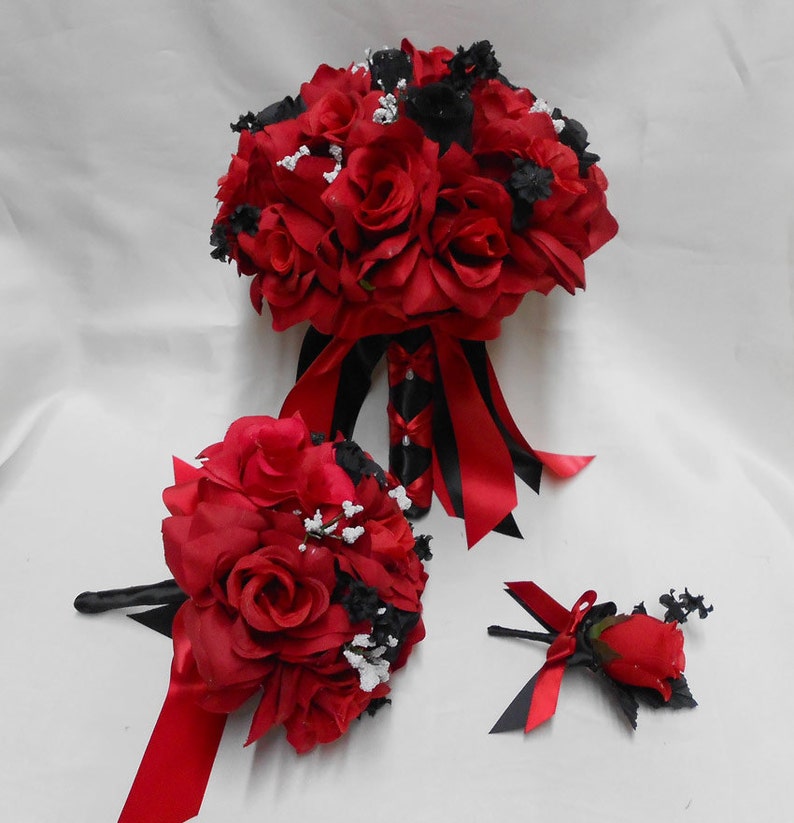 Black Red Rose Bride's Bouquet Groom's Boutonniers - Etsy