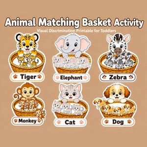 Może przedstawiać: Wydrukowana aktywność Animal Matching Basket z sześcioma ilustracjami zwierząt w plecionych koszach: tygrysem, słoniem, zebrą, małpą, kotem i psem. Każde zwierzę jest podpisane nazwą i otoczone mniejszymi wersjami samego siebie.