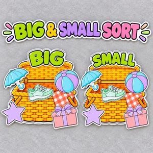 May include: A Big & Small Sort educational activity set featuring two yellow woven baskets. Each basket is surrounded by illustrations of a light blue umbrella, a mint green sneaker, a purple and blue ball, a red checkered cloth, and a pink gift box.