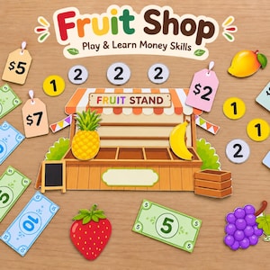 Può includere: Un set da gioco Fruit Shop con un banchetto di frutta in cartone, banconote di carta da 1, 5 e 10, monete circolari con i numeri 1 e 2, cartellini dei prezzi e sagome di frutta tra cui ananas, banana, mango, fragola e uva.